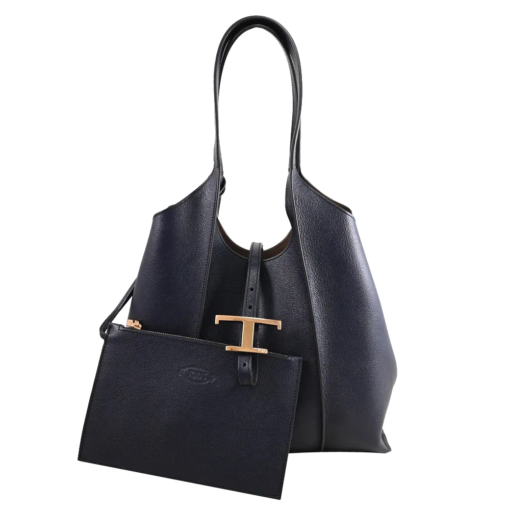 【TOD’S】TODS T Timeless 金屬T LOGO小牛皮附萬用袋大托特包(深藍)