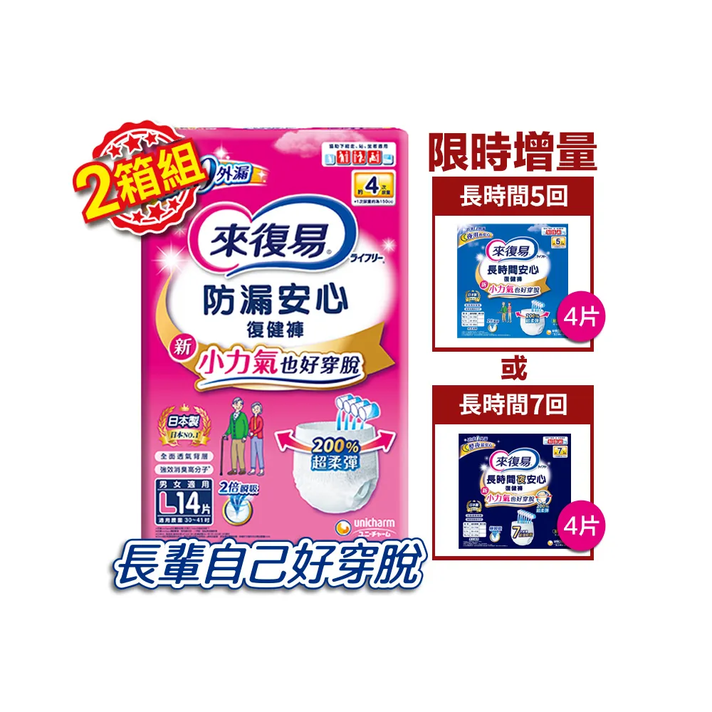 【來復易】雙11限定★防漏安心復健褲復健褲+長時間系列復健褲4片 (M-XL) 2箱組(成人紙尿褲/褲型紙尿褲)