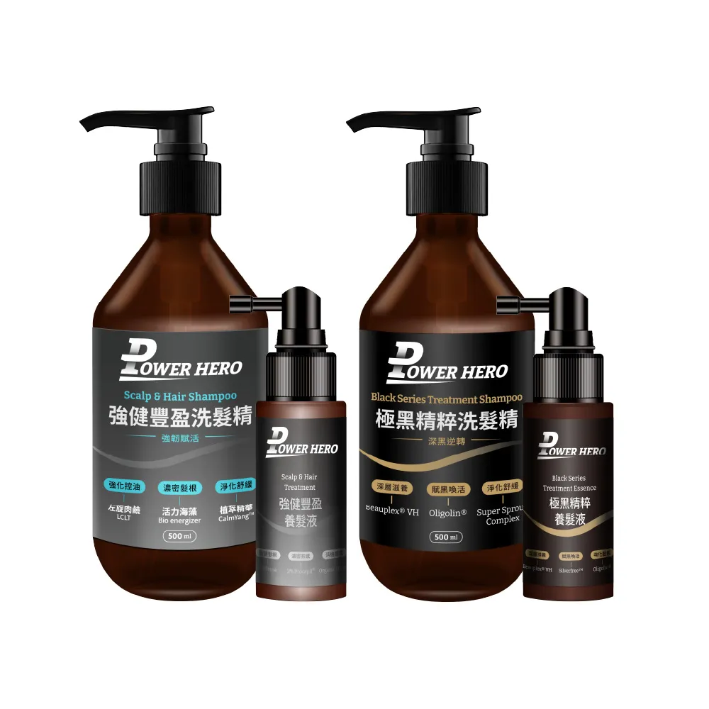 【PowerHero 勁漢英雄】洗髮養髮1+1組(養髮液60ml+洗髮精500ml、強健豐盈/極黑精粹)