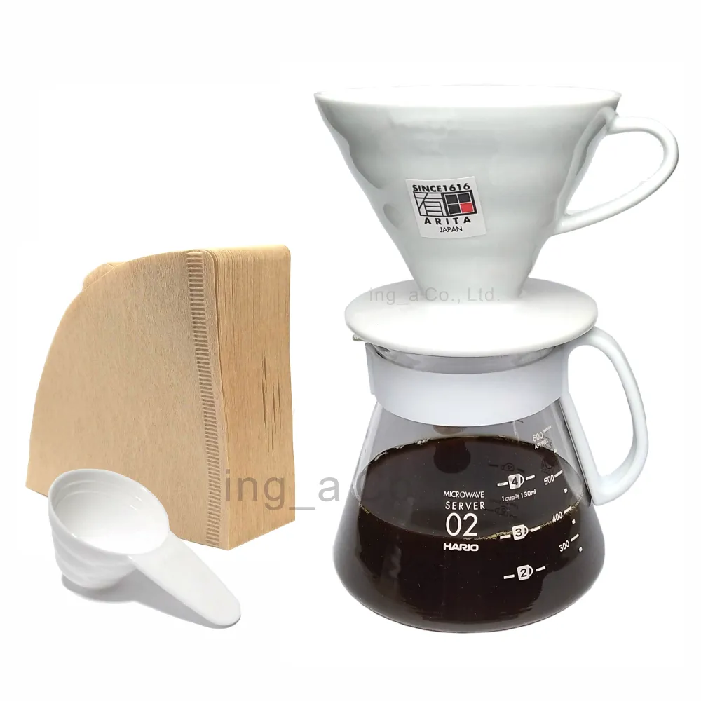 【HARIO】V60白色02陶瓷濾杯咖啡壺組(4杯份禮盒組)