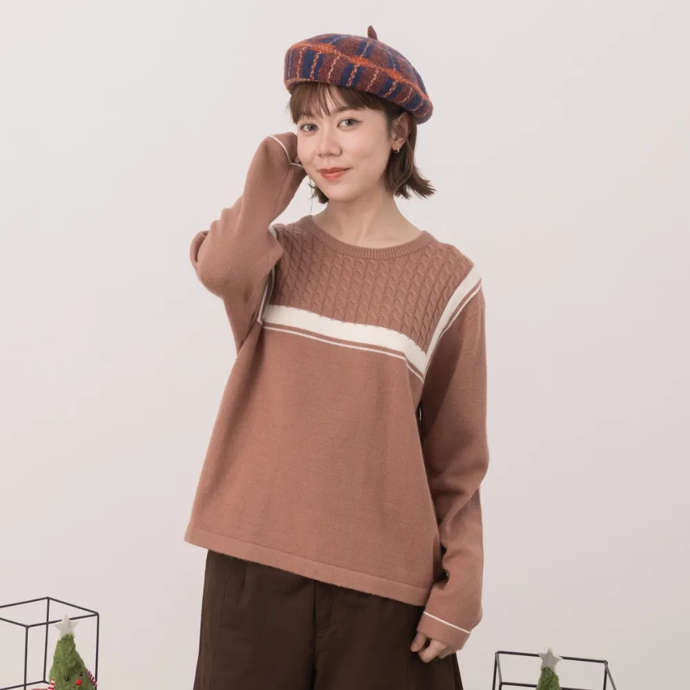 【MOSS CLUB】文青撞色領口麻花針織上衣(藍 杏 駝/魅力商品)