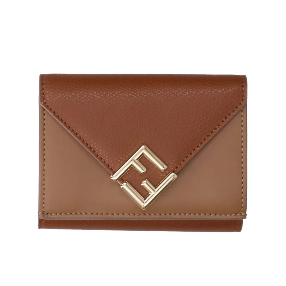 【FENDI 芬迪】Tri-fold FF Diamonds 微型 三摺 皮夾 零錢包 卡夾 短夾 馬鞍棕色 8M0559ALV4F1URW