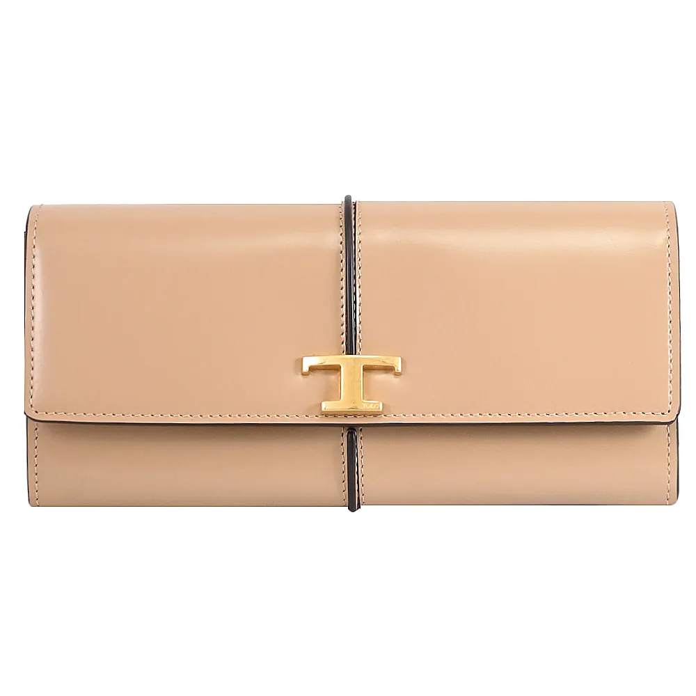 【TOD’S】TODS T Timeless 金屬LOGO滑面牛皮翻蓋扣式零錢長夾(褐)