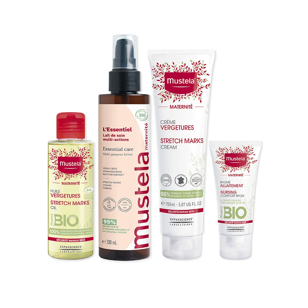 【Mustela 慕之恬廊】慕之孕 孕期產後全護組(孕膚霜150ml+孕膚油105ml+有機撫紋緊緻乳200ml+哺乳膏30ml)