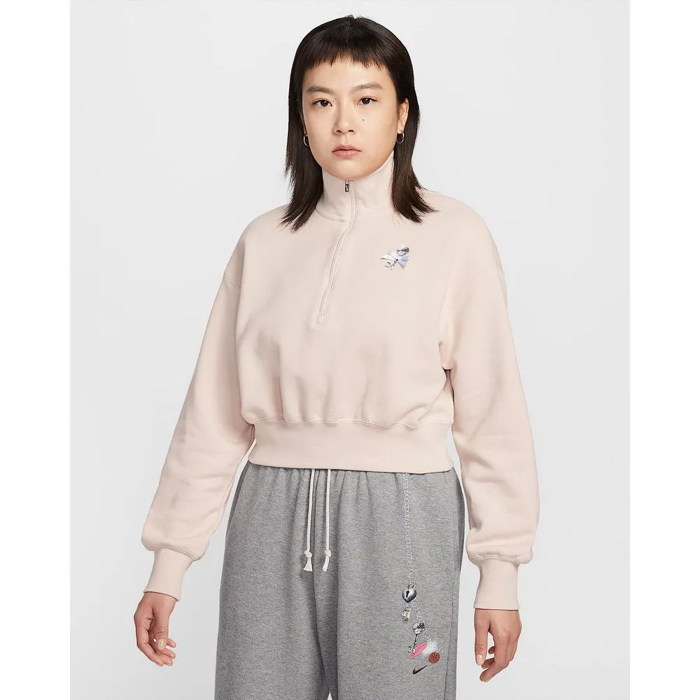 【NIKE 耐吉】半開襟上衣 女 AS W NSW KTMH FLC QZ CROP 運動 休閒 寬鬆 短版 Oversize 粉 (IQ3940667)