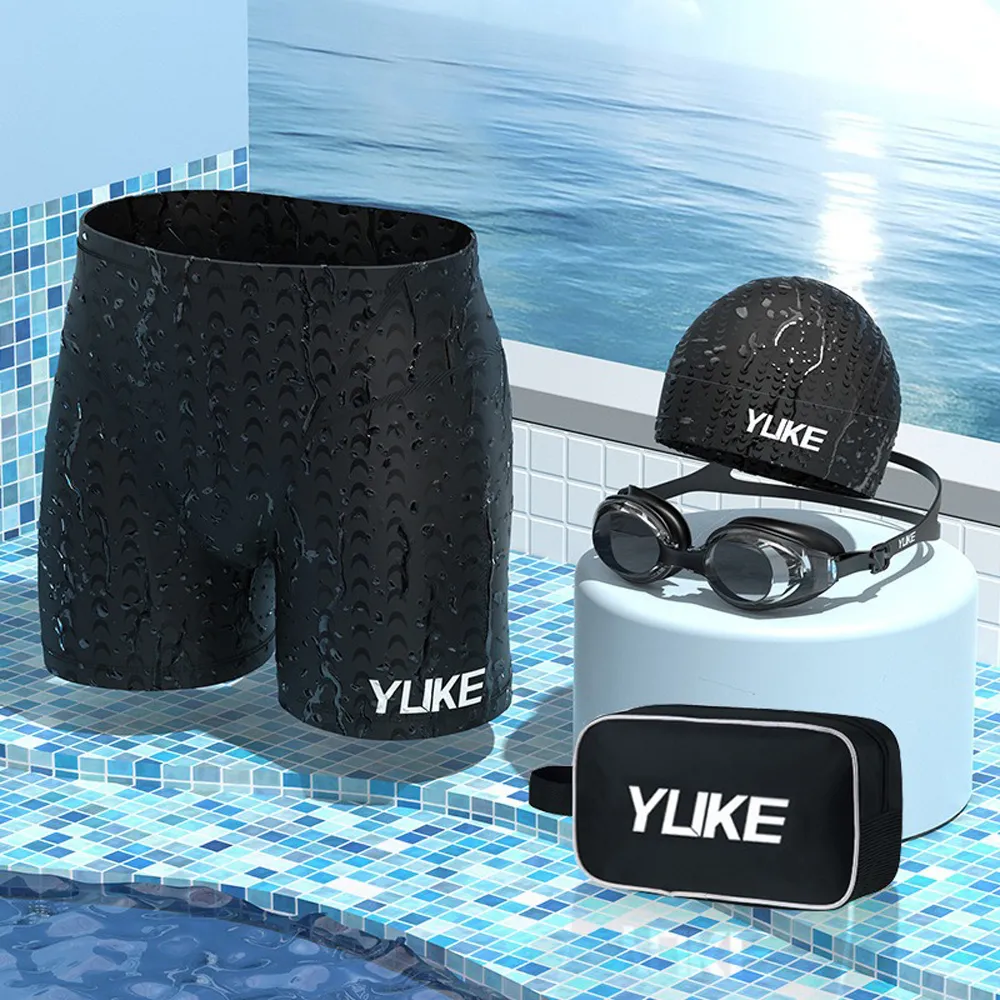 【YUKE】四件組 男士泳褲+泳鏡+泳帽+收納袋 泳具套裝 男沙灘褲 溫泉褲 游泳泳鏡 男泳裝