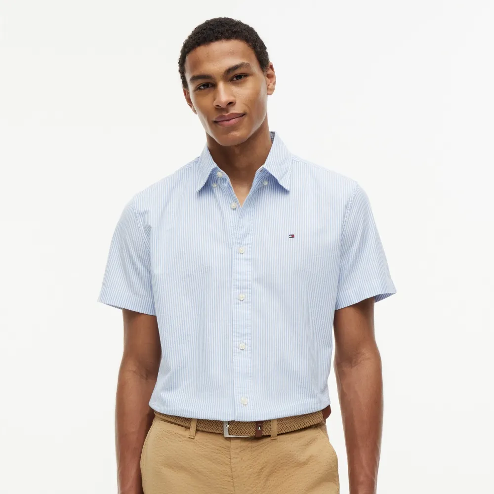 【TOMMY HILFIGER】官方旗艦館條紋彈性牛津襯衫_藍色