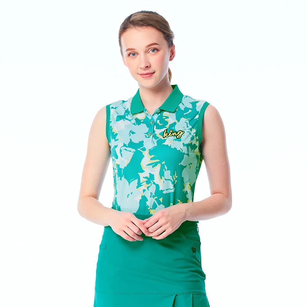 【KING GOLF】網路限定款-女款燙鑽刺繡迷彩印花撞色領口無袖背心POLO衫/高爾夫球衫-綠色