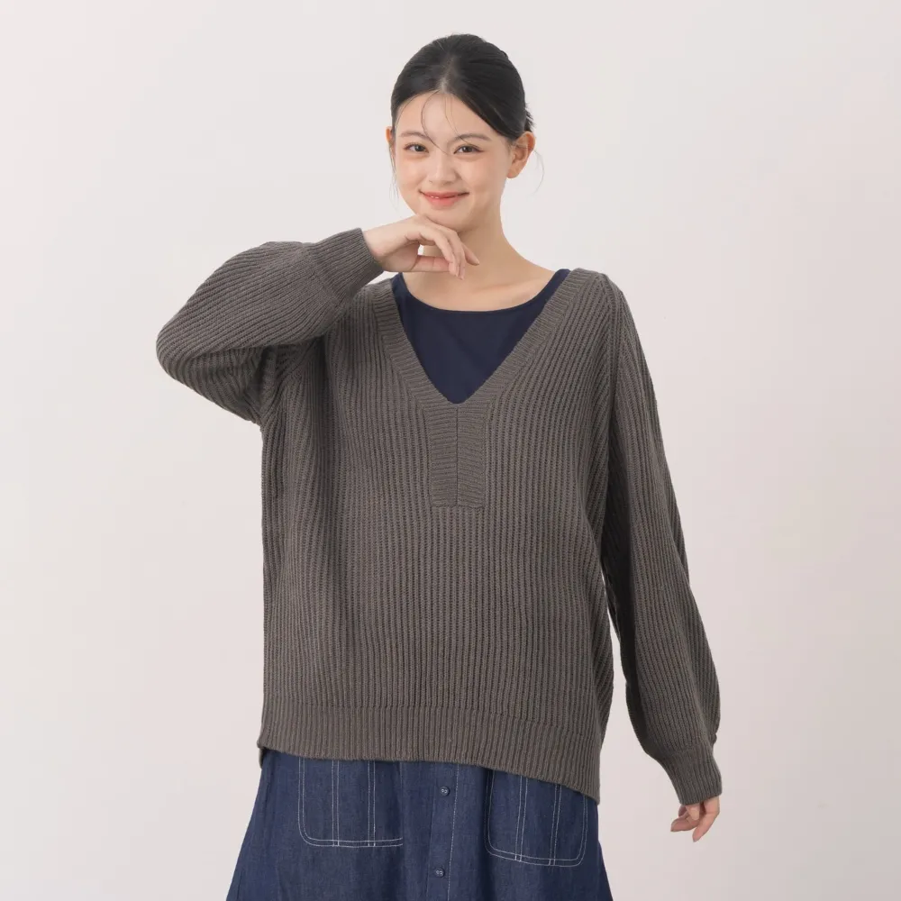 【MOSS CLUB】寬鬆V領坑條針織上衣(粉 綠 灰/魅力商品)