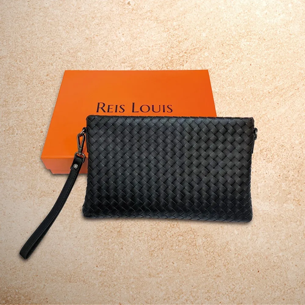 【REIS LOUIS 李斯路易斯】雙11 真皮 手工編織交錯菱格手拿包(真皮包包 編織 菱格 牛皮)