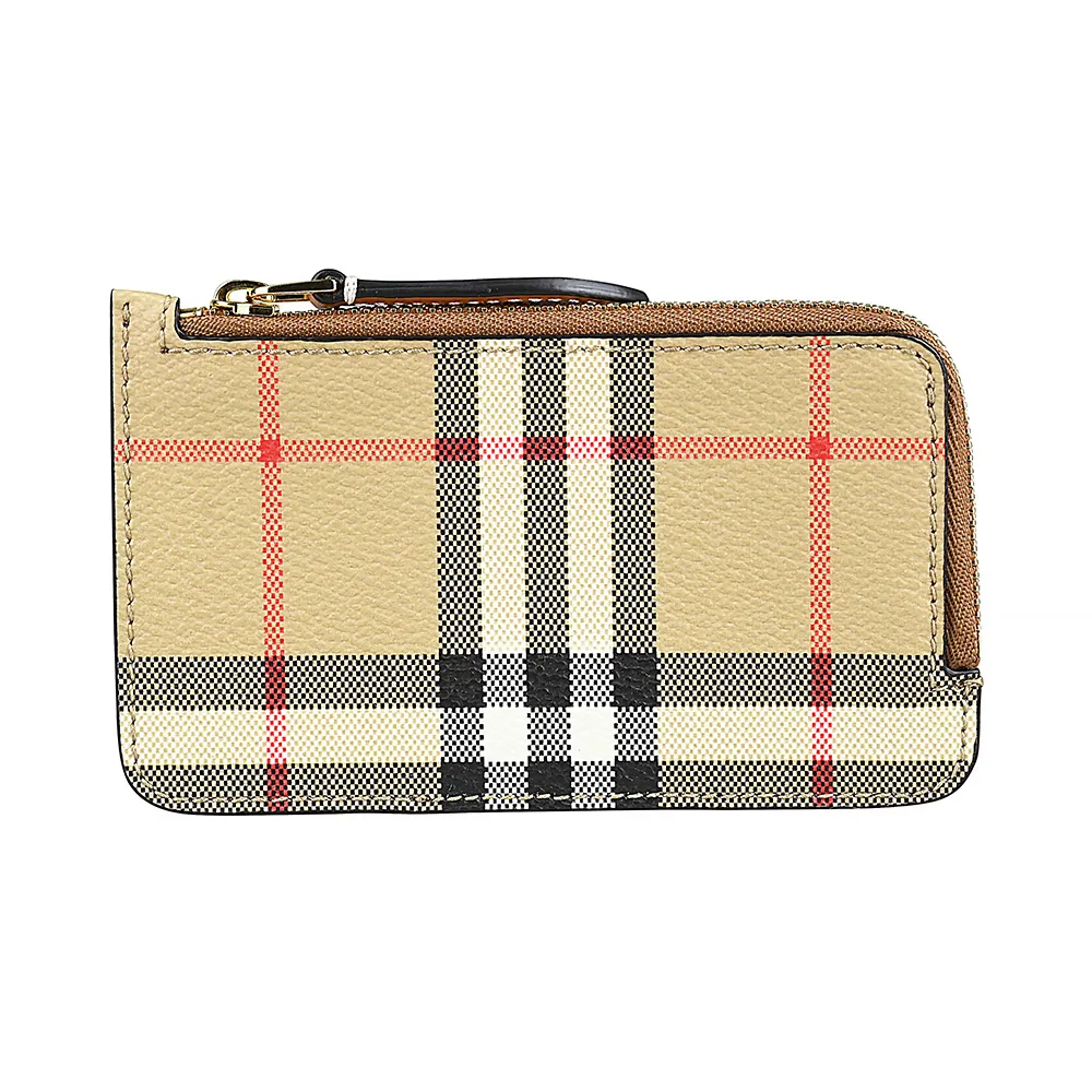 【BURBERRY 巴寶莉】BURBERRY 內燙印LOGO牛皮拼接格紋PVC4卡拉鍊零錢卡夾包(米棕)