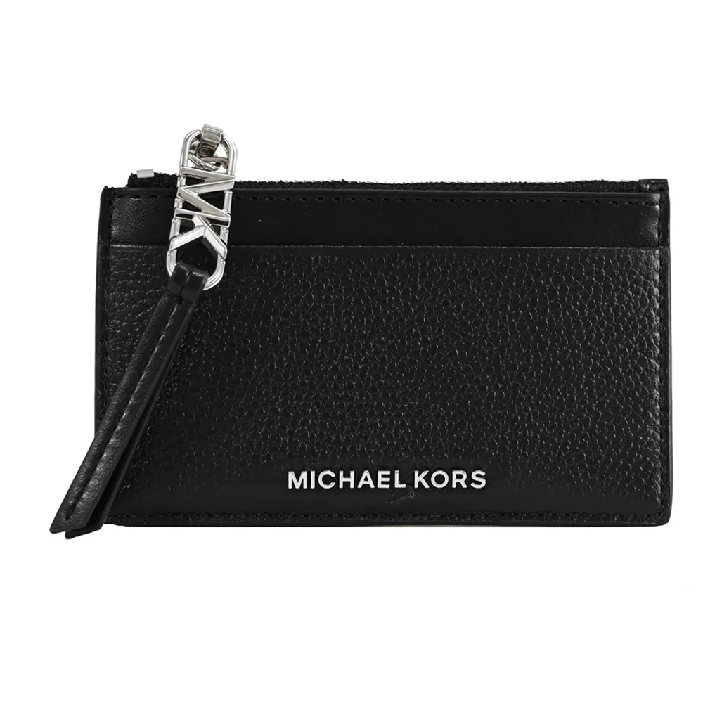 【Michael Kors】簡約金屬LOGO皮革信用卡證件名片零錢包(黑銀)
