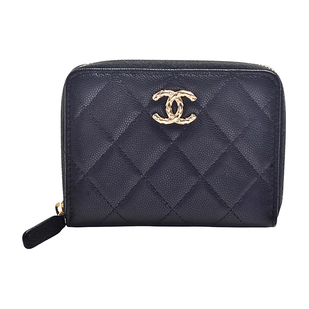 【CHANEL 香奈兒】經典螺旋雙C LOGO菱格紋牛皮拉鍊短夾(黑色)