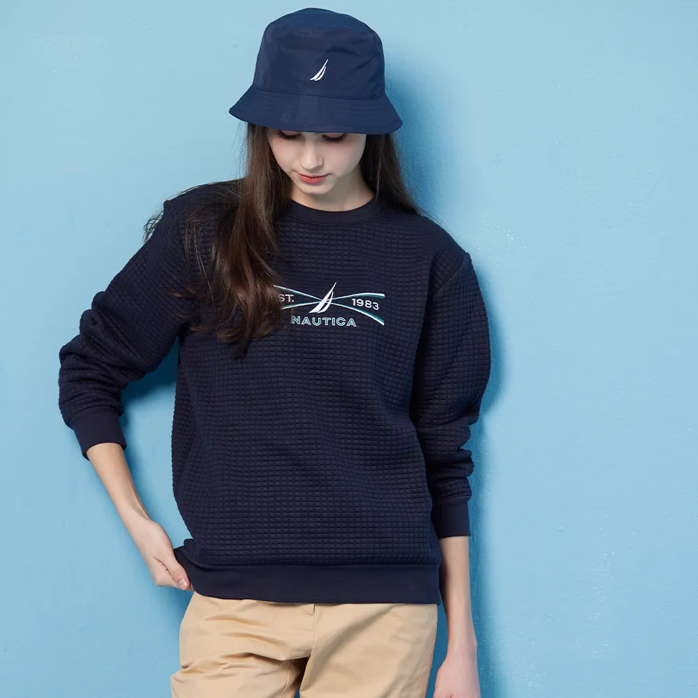 【NAUTICA】官方旗艦 女裝 時尚格紋布料長袖大學T(藍色)