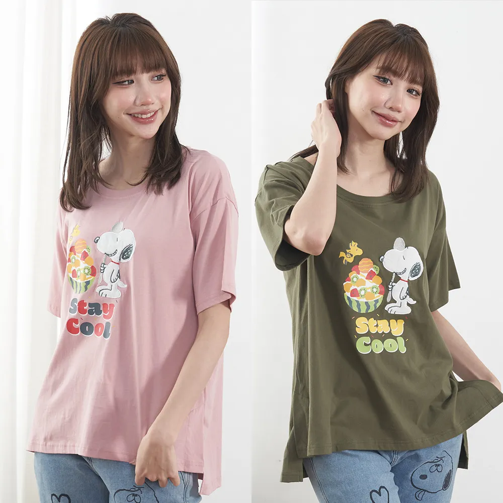 【SNOOPY 史努比】史努比水果冰寬版圓領T(綠/粉)