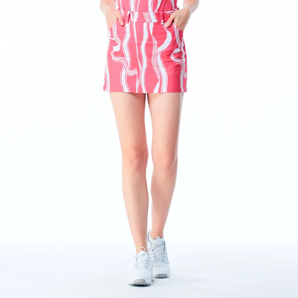 【KING GOLF】網路限定款-女款立體刺繡緞帶剪影印花修身A LINE短裙/高爾夫球裙-粉色