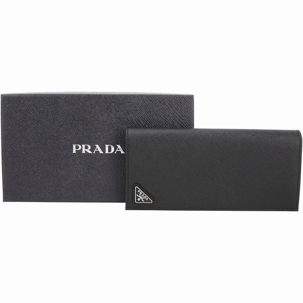 【PRADA 普拉達】Saffiano 經典三角標防刮牛皮對折長夾(黑色 長皮夾 薄長夾)