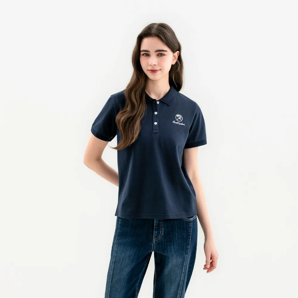 【Arnold Palmer 雨傘】女裝-BOXY小傘刺繡短袖POLO衫(深藍色)
