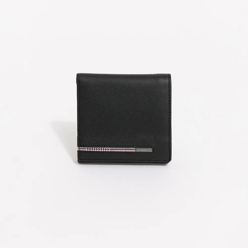 【ZODENCE 佐登司】KIRK進口真皮格紋8卡零錢袋短夾(黑)