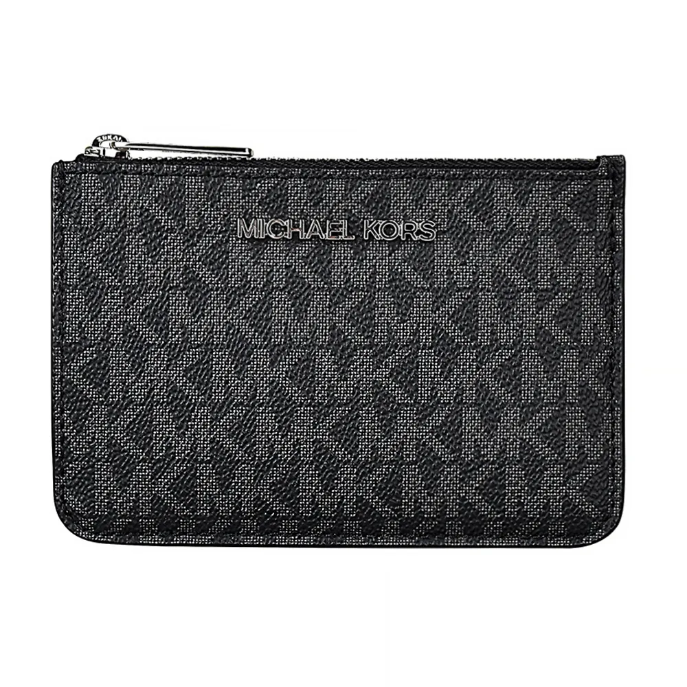 【Michael Kors】MK MICHAEL KORS JET SET LOGO拉鍊滿版印花PVC 3卡鑰匙零錢包(黑)