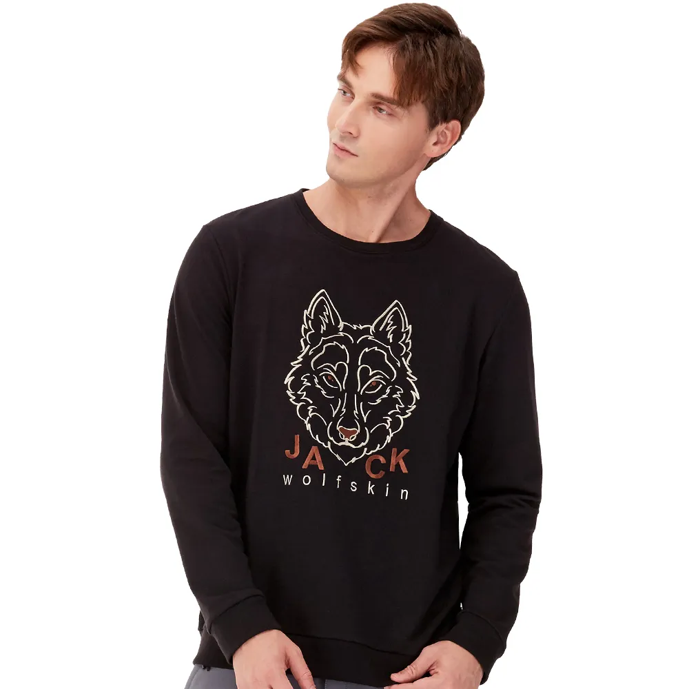 【Jack wolfskin 飛狼】男 長袖保暖排汗衣 帥氣刺繡狼頭T恤 大學T(黑)