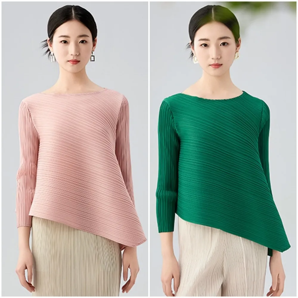 【米蘭精品】現貨+預購 三宅風皺褶衣服褶皺上衣高級摺衣彈力九分袖女裝顯瘦折衣大碼(圓領女上衣13色74mm14)