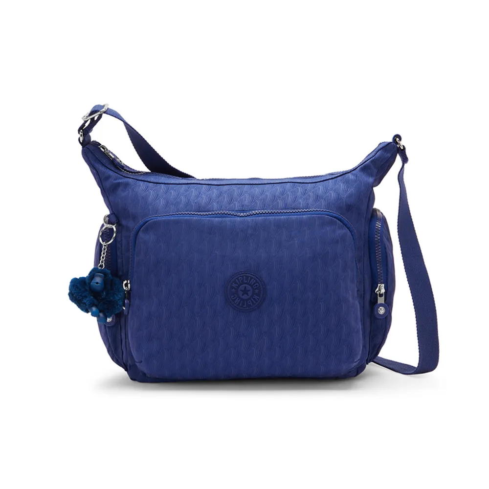 【KIPLING】『牛角包』深藍紋理多袋實用側背包-GABB 女包