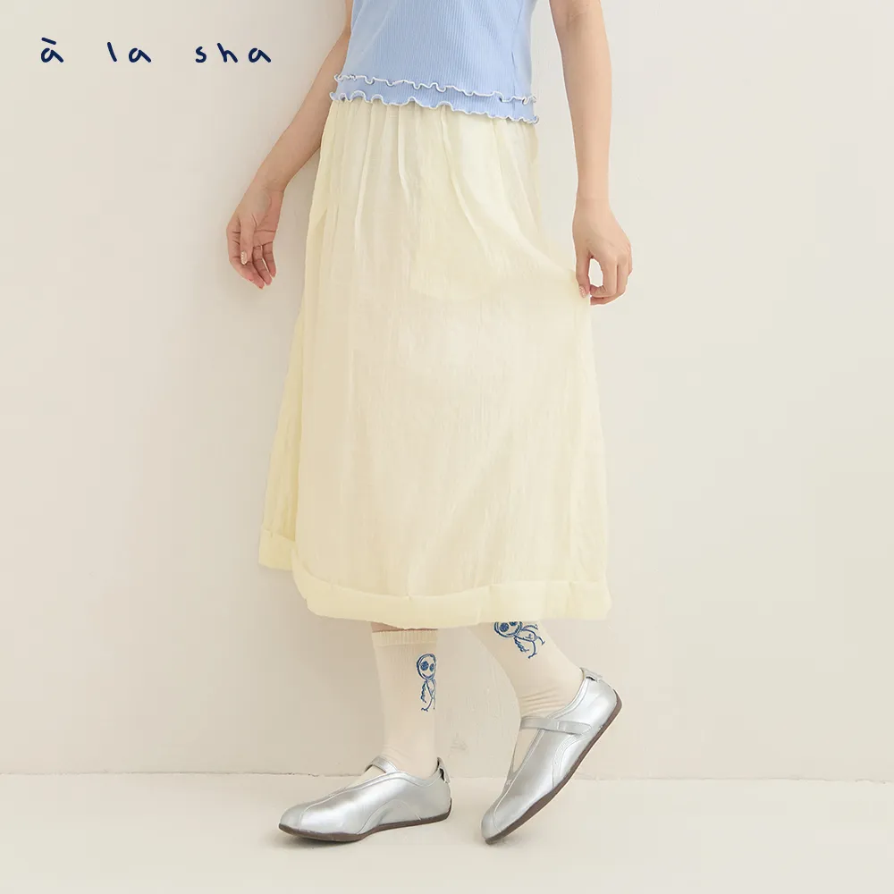 【a la sha】輕透格紋抓褶長裙