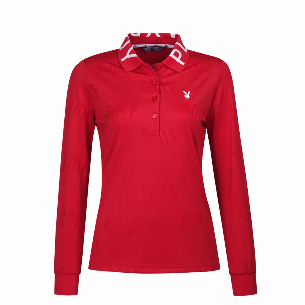 【PLAYBOY GOLF】女款LOGO領片緹花抗菌薄長袖POLO衫-紅(高爾夫球衫/KA23208-18)
