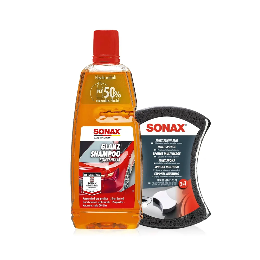 【SONAX】光滑洗車精+雙效洗車海綿 (200倍濃縮洗車精 中性溫和)