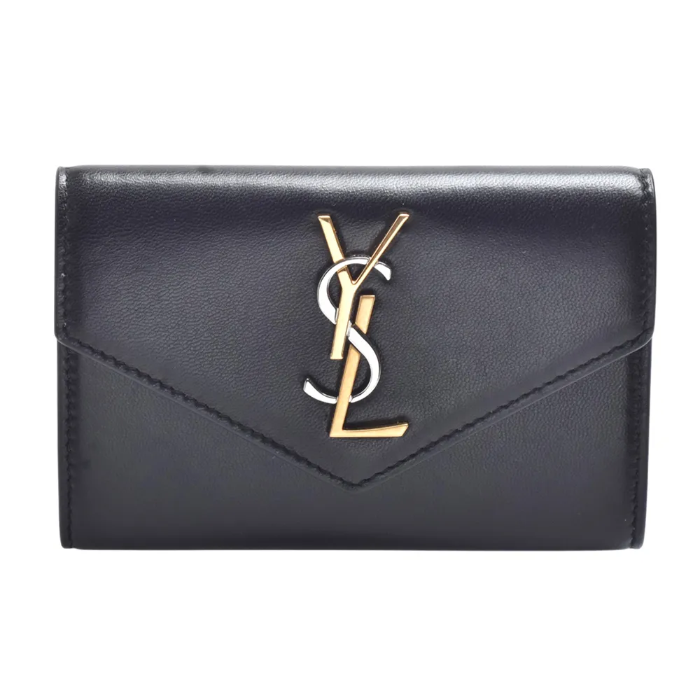 【YSL】經典雙色品牌LOGO小羊皮信封暗扣卡夾/短夾(黑色)