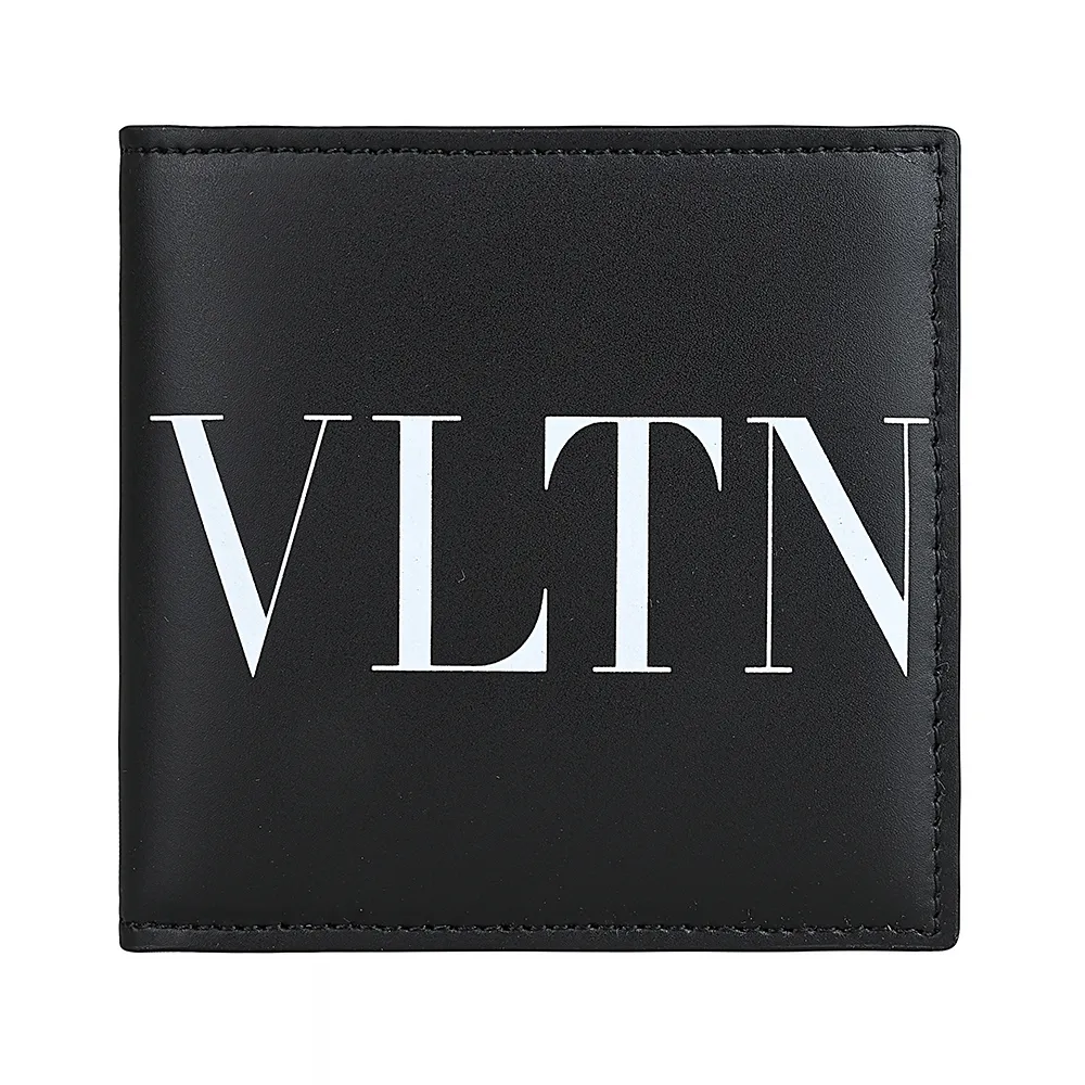 【VALENTINO 范倫鐵諾】VALENTINO GARAVANI 簡約燙印白字LOGO設計牛皮4卡對折短夾(黑x白)