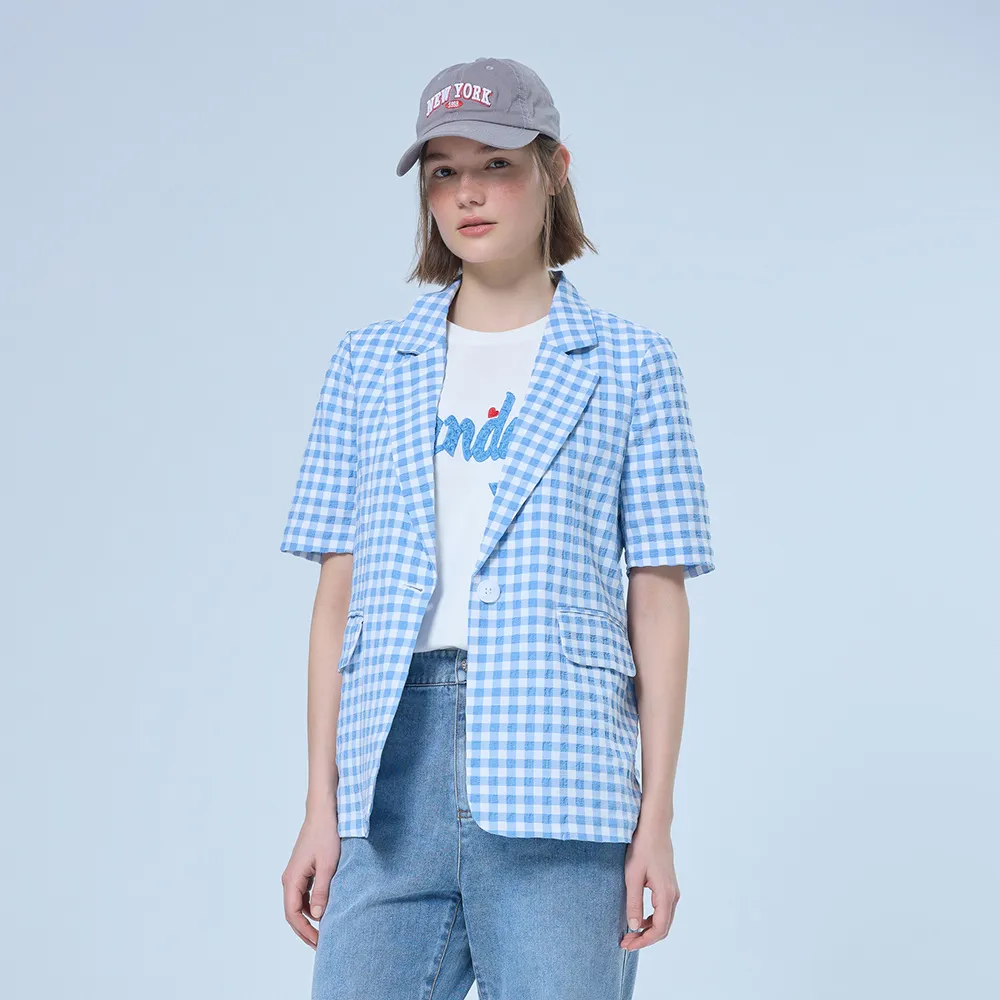 【OUWEY 歐薇】夏日清爽格紋泡泡布西裝外套(藍；S-L；3252324748)
