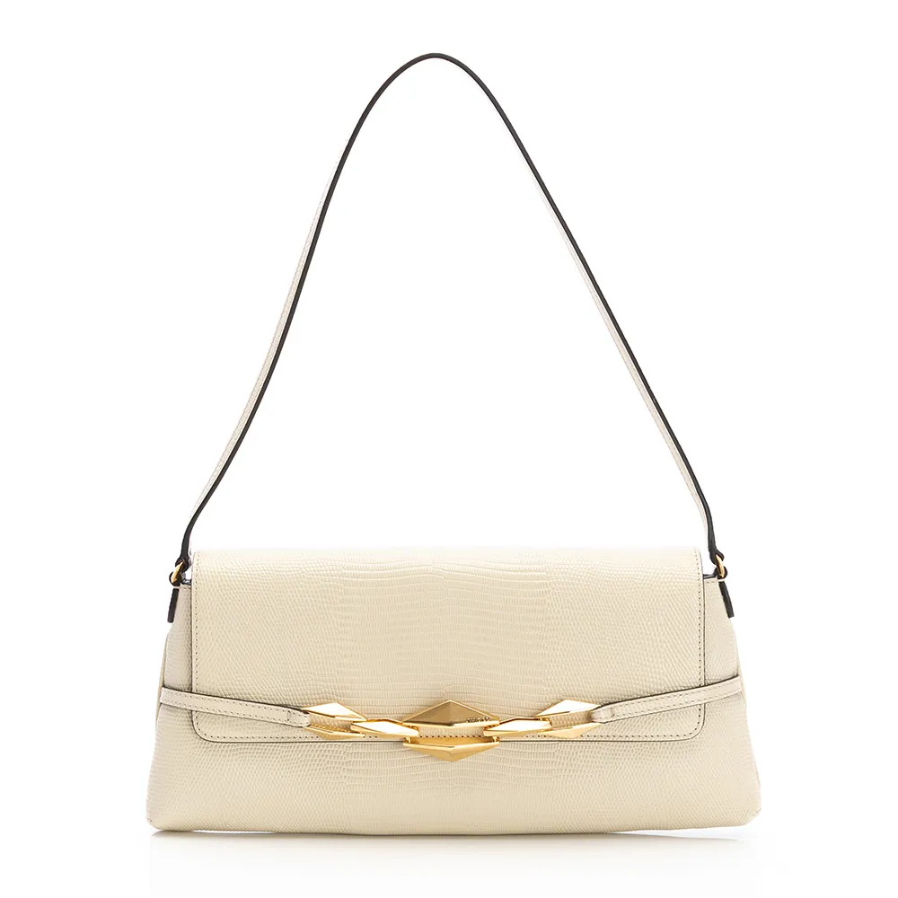 【JIMMY CHOO】Diamond Shoulder E/W(蜥蜴紋印花皮革包-白/金)