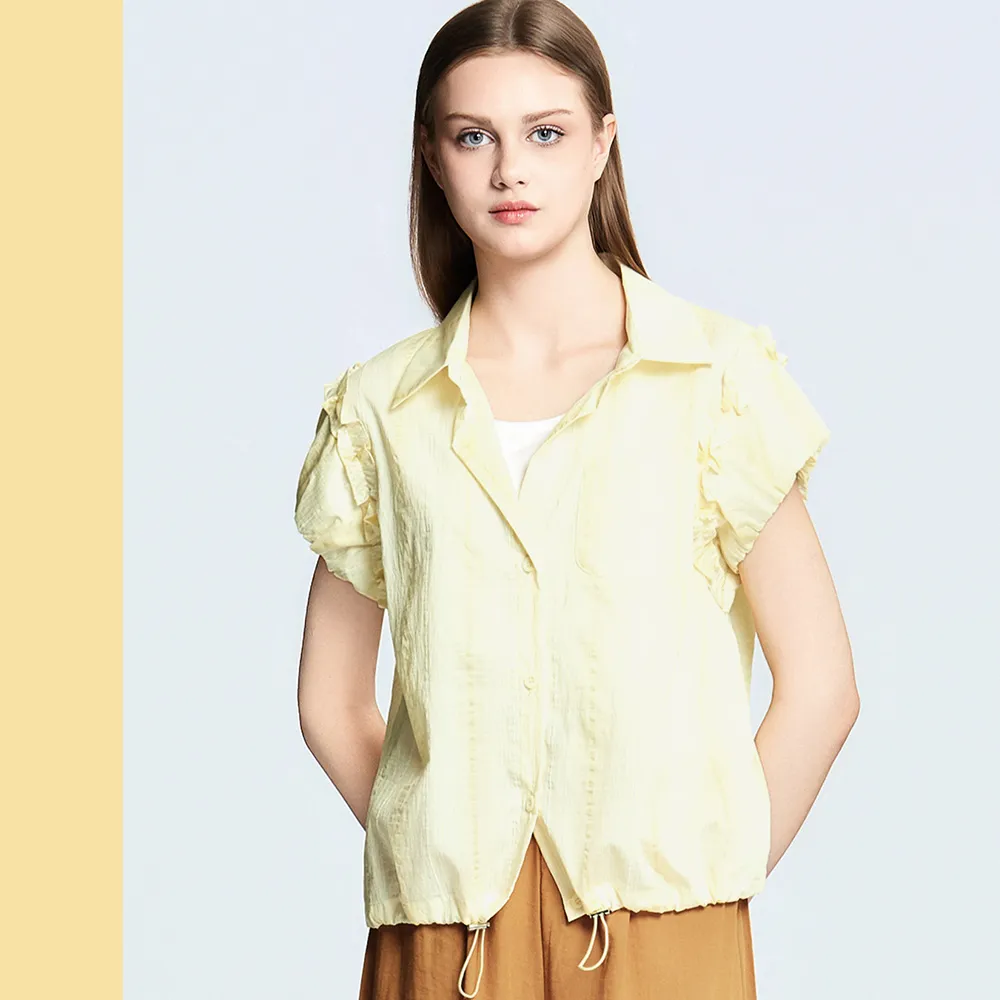 【Just Wear 佳葳】奶油色造型袖開襟上衣(女上衣/女上著/短袖/素色/休閒/百搭/襯衫/蓬袖)