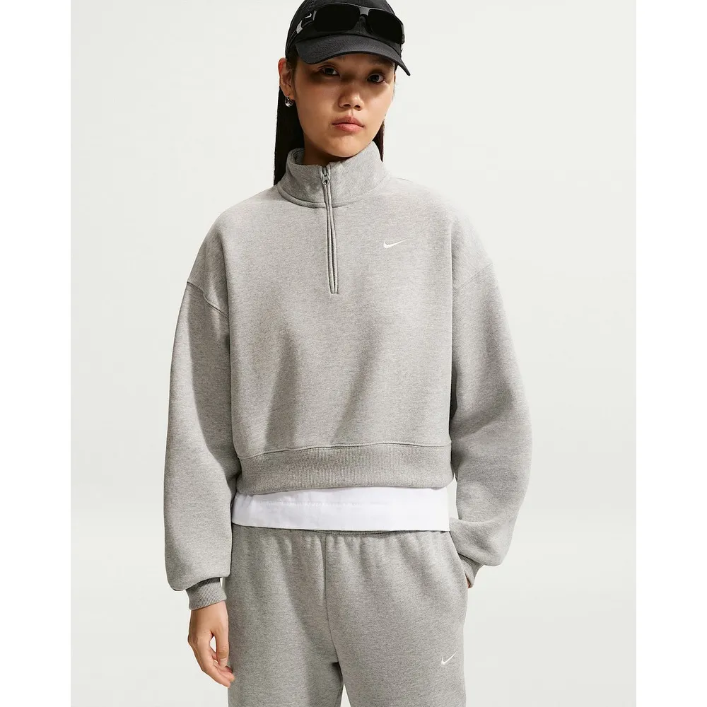 【NIKE 耐吉】半開襟上衣 女 AS W NK STDO FLC MW OS CROP QZ 運動 休閒 短版 寬鬆 karina 灰 (IM8543063)