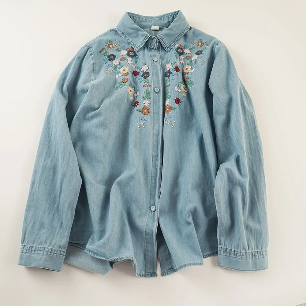 【ASister 小姊姊】AS1439#牛仔襯衫☆長袖水洗棉牛仔*刺繡印花特輯*排釦外套/罩衫(17款 F 胸圍108cm)