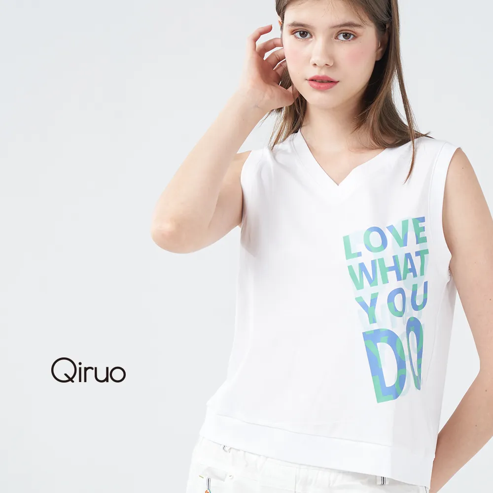 【Qiruo 奇若名品】亮藍炫色英文字 V領白色短版背心上衣3013D