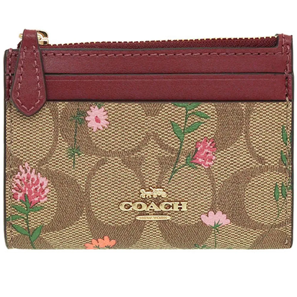 【COACH】花朵X卡其PVC滿版LOGO酒紅拉鍊式零錢包