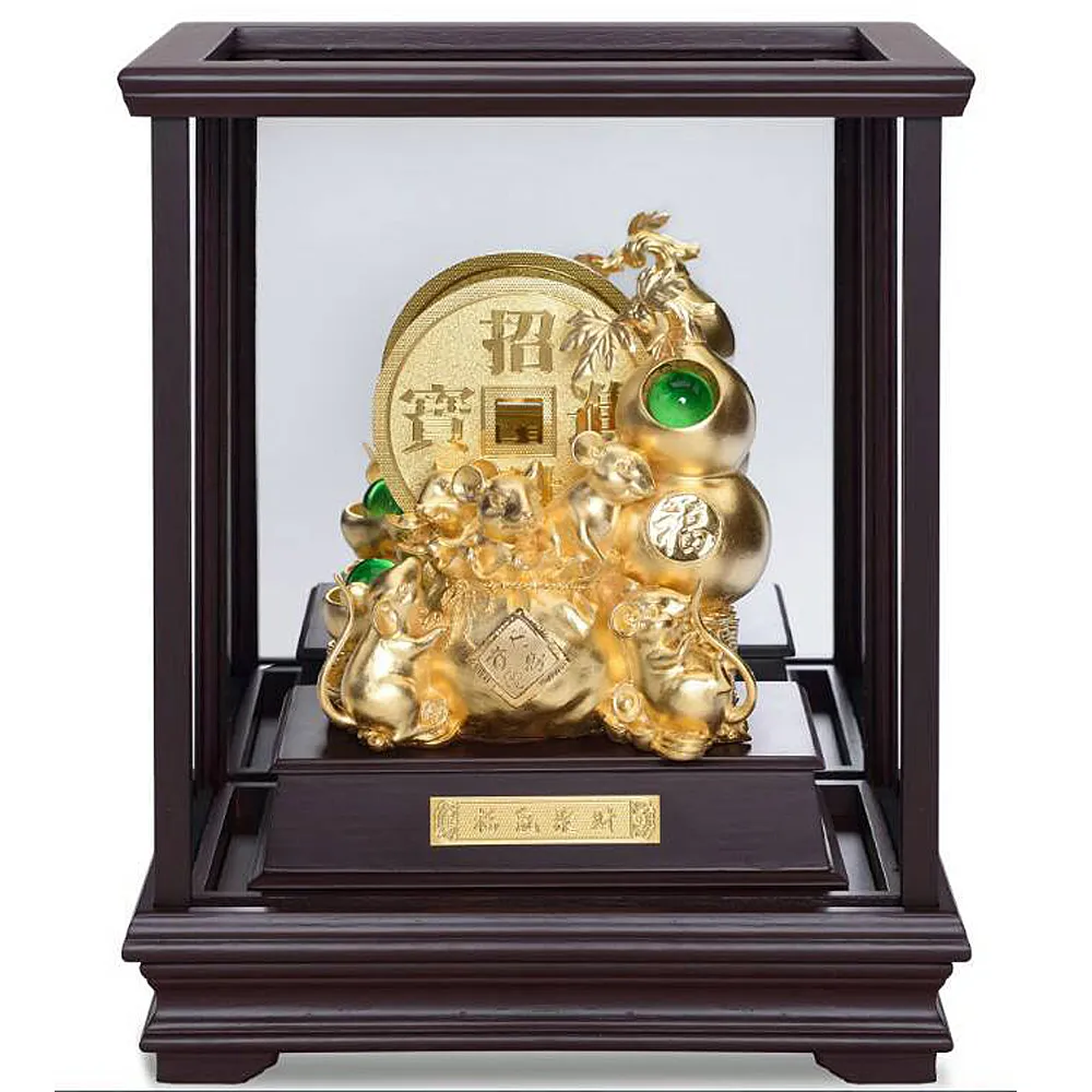 【開運陶源】純金箔雕塑大櫥窗-金鼠 錢母錢滾錢(招財進寶聚寶盆 福祿進寶 代代有財 五福臨門)