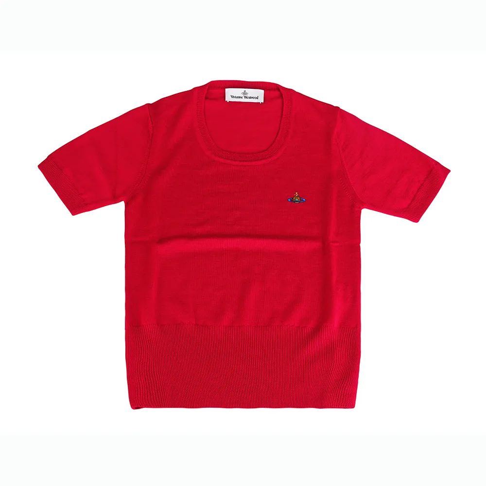 【Vivienne Westwood】Vivienne Westwood彩色刺繡土星球LOGO羊毛圓領短袖上衣(女款/紅)