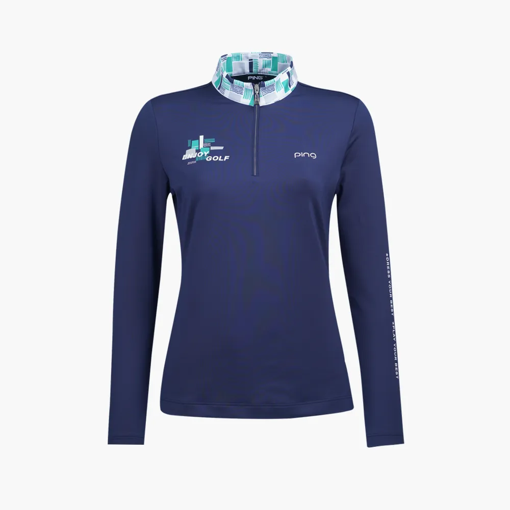 【PING】女款版印風立領薄長袖POLO衫-深藍(吸濕排汗/蓄熱保溫/GOLF/高爾夫球衫/RA21221-58)
