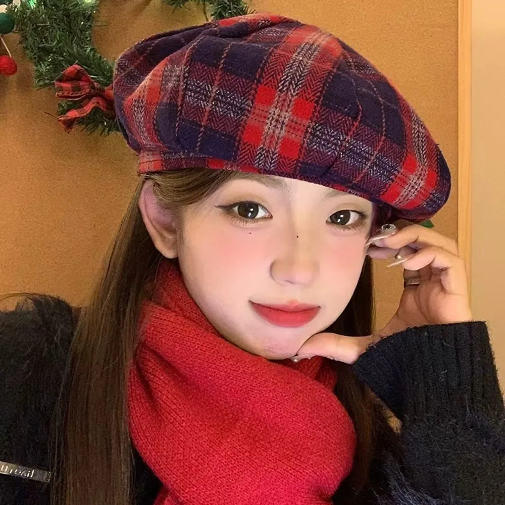【橘魔法】英倫黑紅格紋貝雷帽(女 大人 報童帽 畫家帽 貝蕾帽 帽子 聖誕節 耶誕 大紅 過年 新年 女裝)
