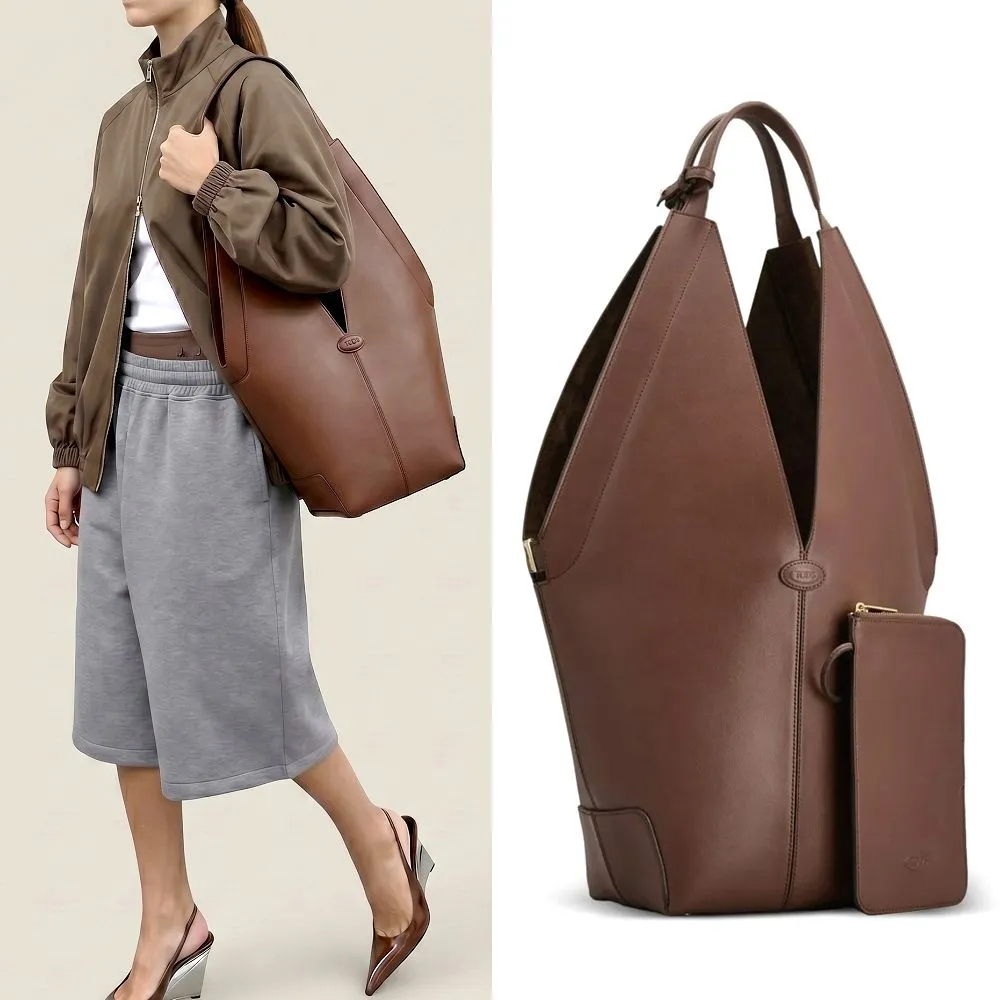 【TOD’S】TODS Di Bag Folio 開衩細節牛皮金字塔廓型肩背包 附萬用包(酒紅 義大利手工皮革)