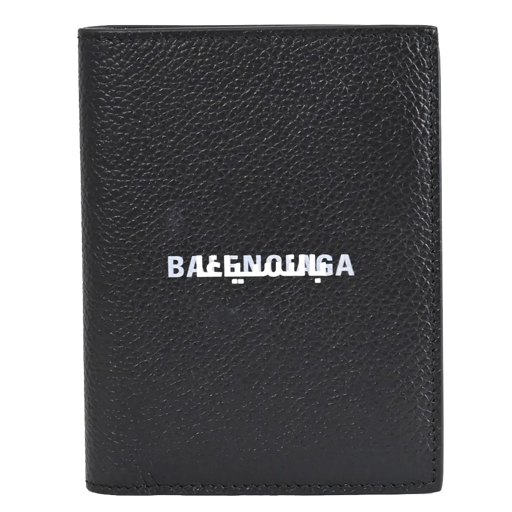 【Balenciaga 巴黎世家】簡約品牌LOGO荔枝牛皮內對折簡易6卡短夾(黑)