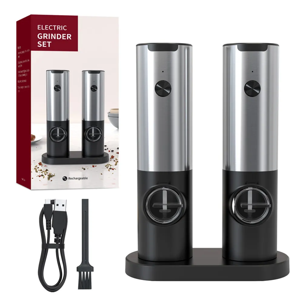 【家適通】限量活動 座充式電動研磨器 2入/組+底座 (胡椒研磨器  香料研磨器 不鏽鋼研磨器 磨粉機)