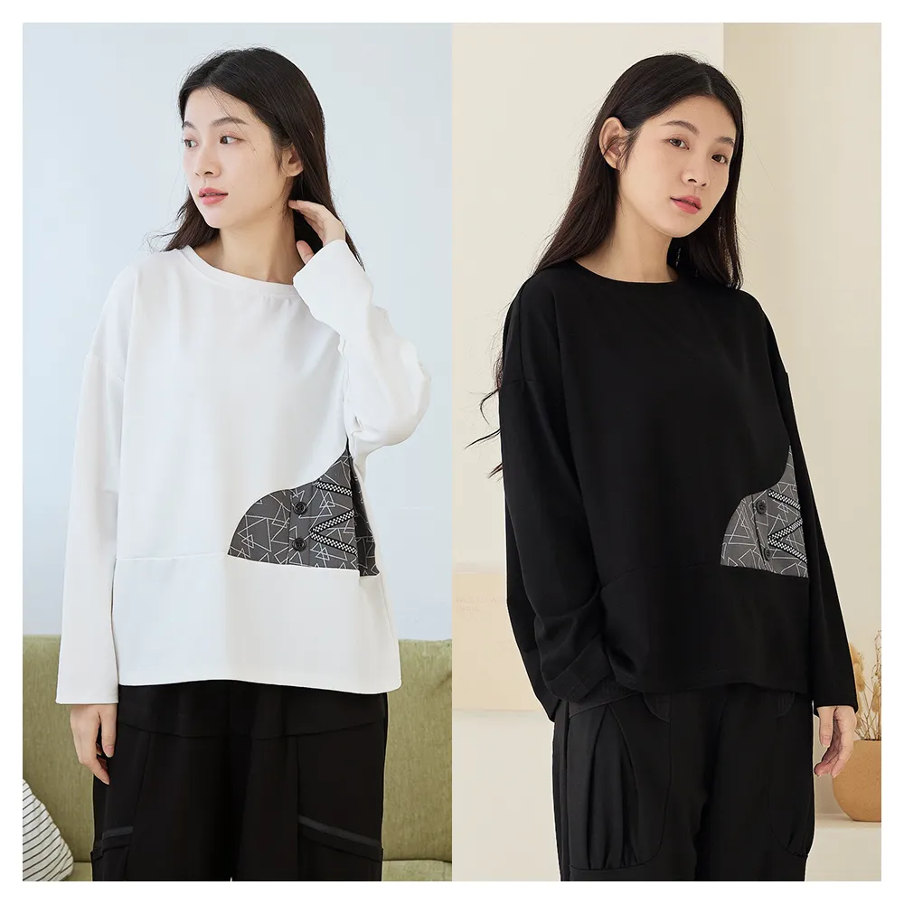【iNio 衣著美學】長袖上衣 冬新品 現貨 幾何拼接 圓領 長袖棉T CDW1713