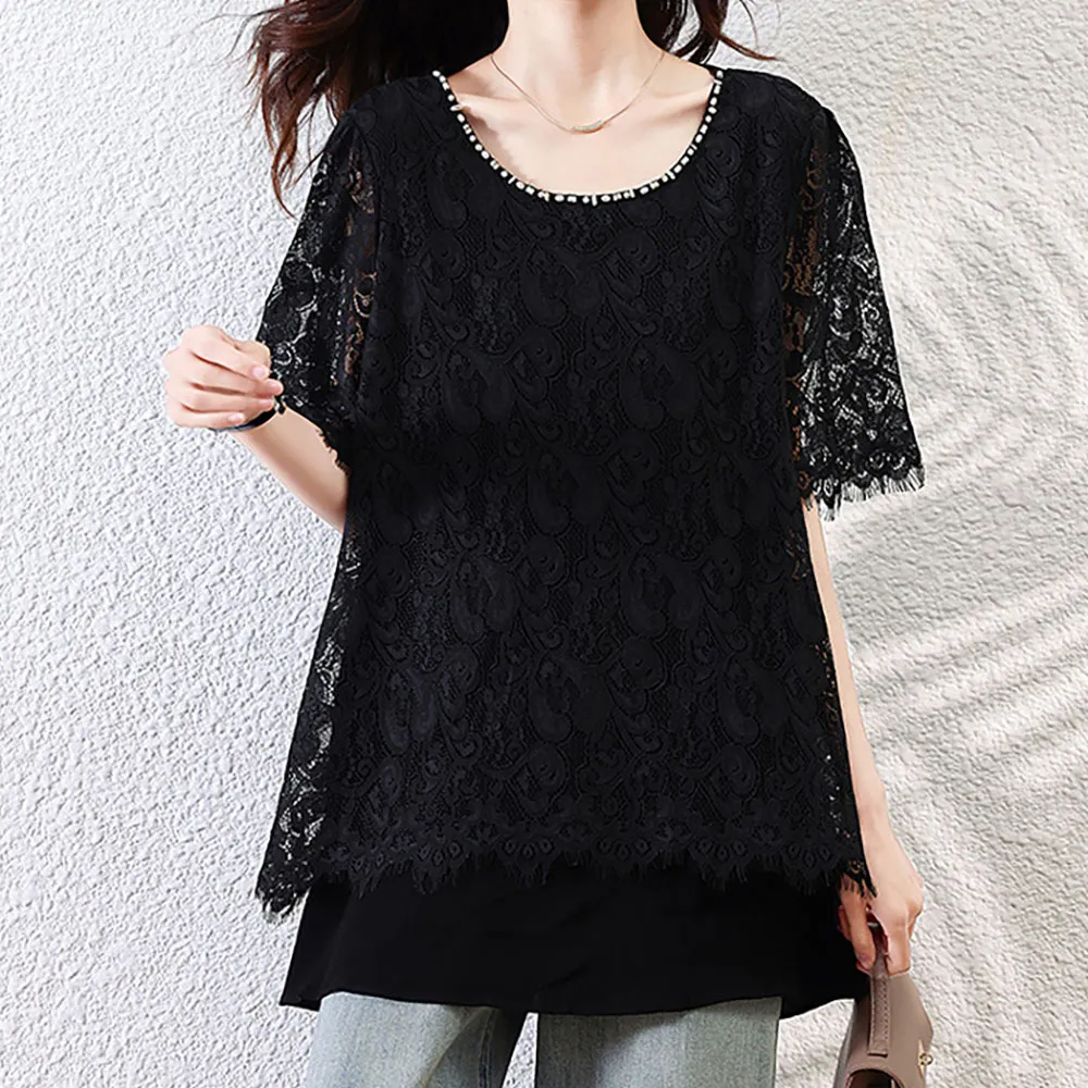 【麗質達人】8292黑色蕾絲拼接假二件上衣-LY(M-5XL)