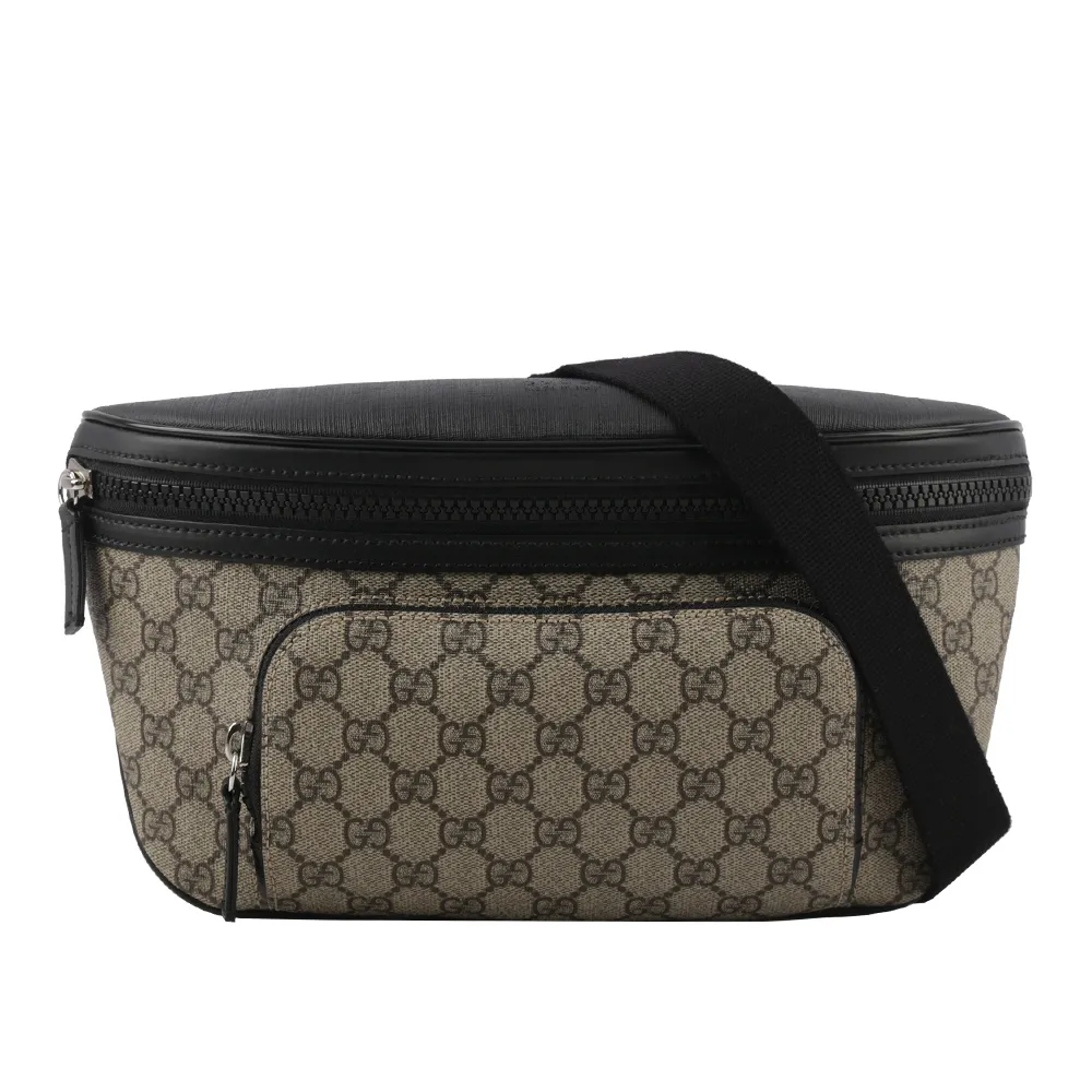 【GUCCI 古馳】GG Supreme 塗層帆布及皮革大款腰包(咖啡色)