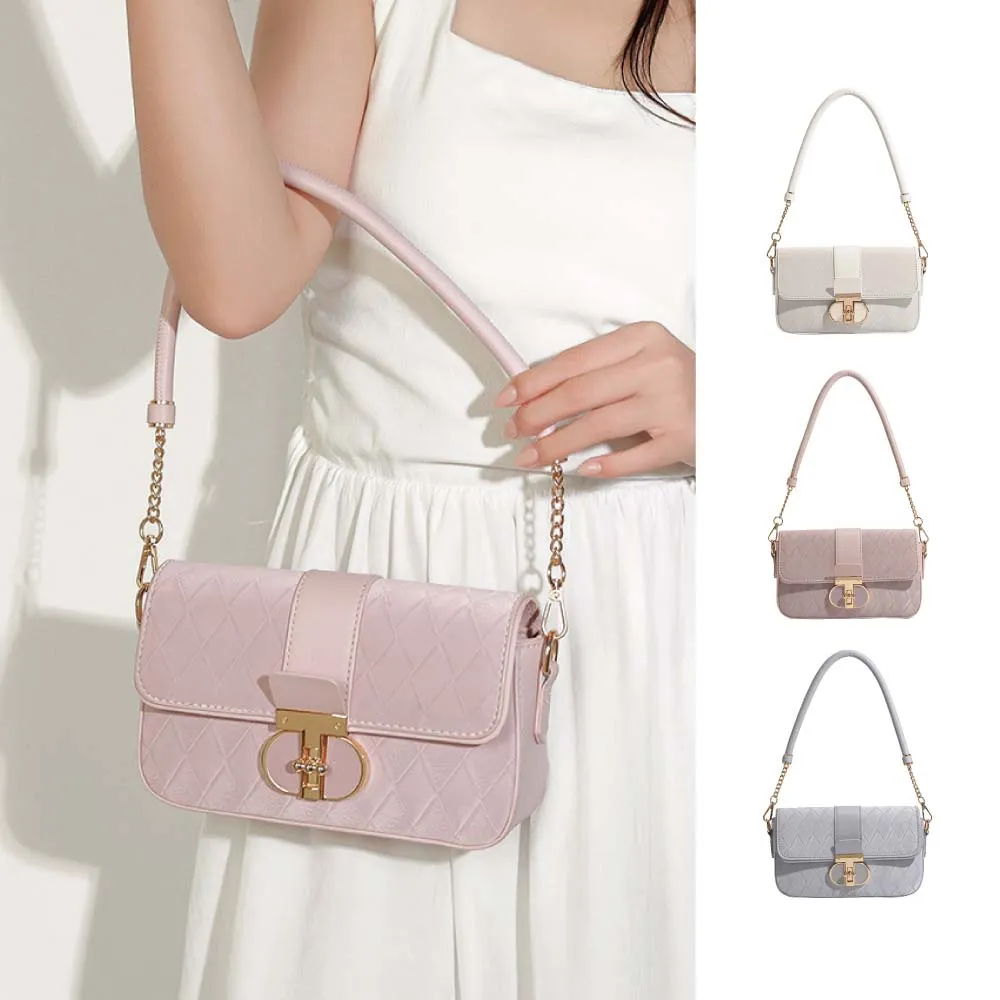 【Rosse Bags】質感菱格經典法式單肩小方包 斜跨包(米白/煙灰/藕粉)